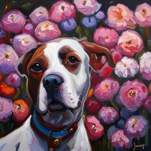 Dog Covered in Flowers as Oil Painting