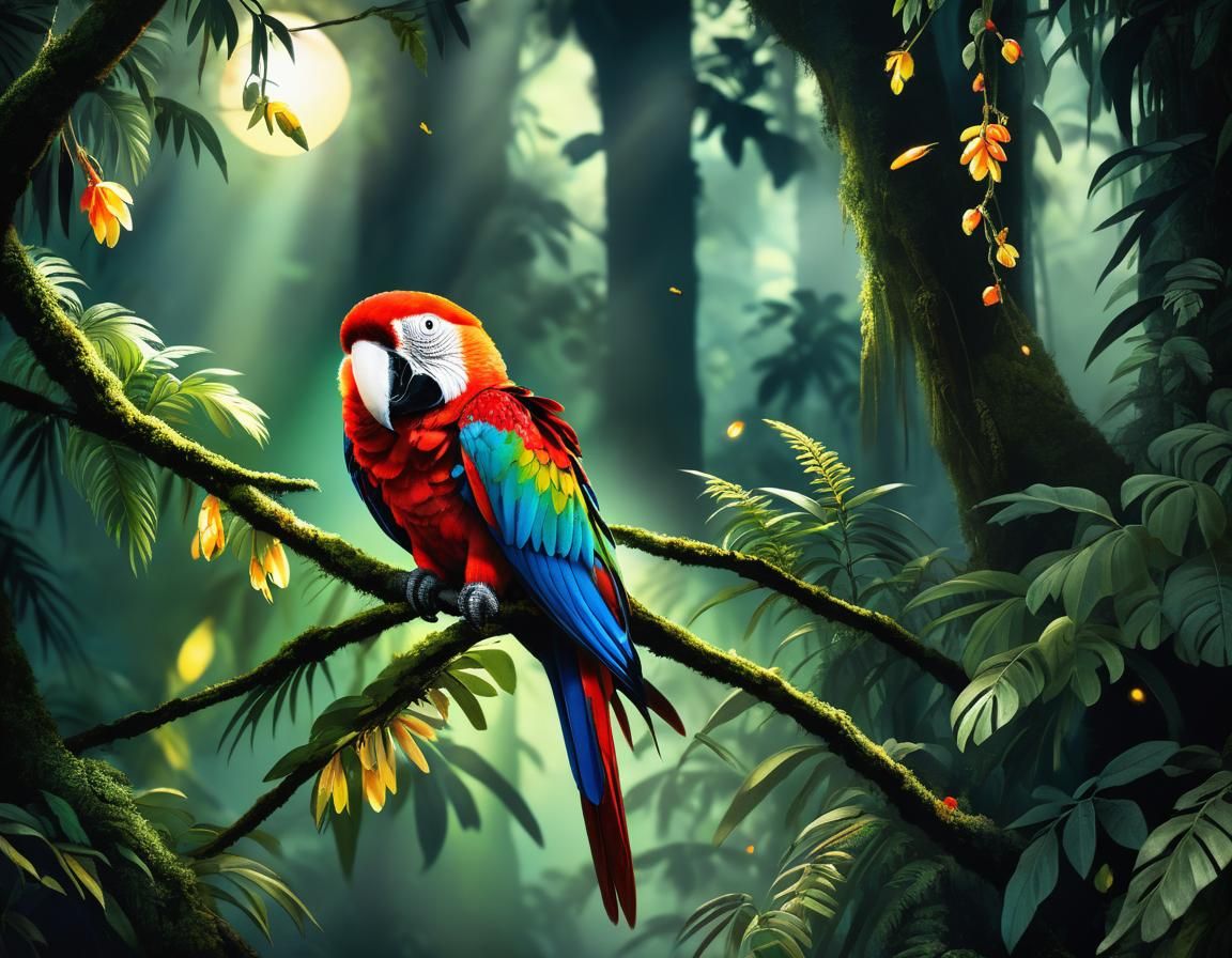 Scarlet Macaw Portrait in Magical Rainforest