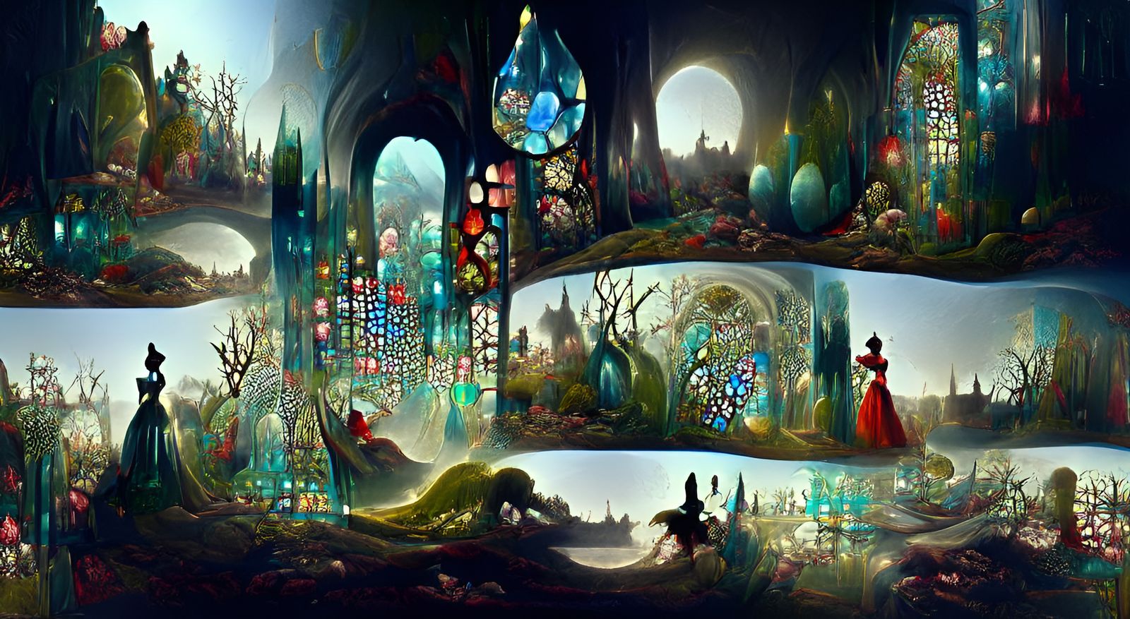 Alice in Wonderland Landscape in Stained Glass Style