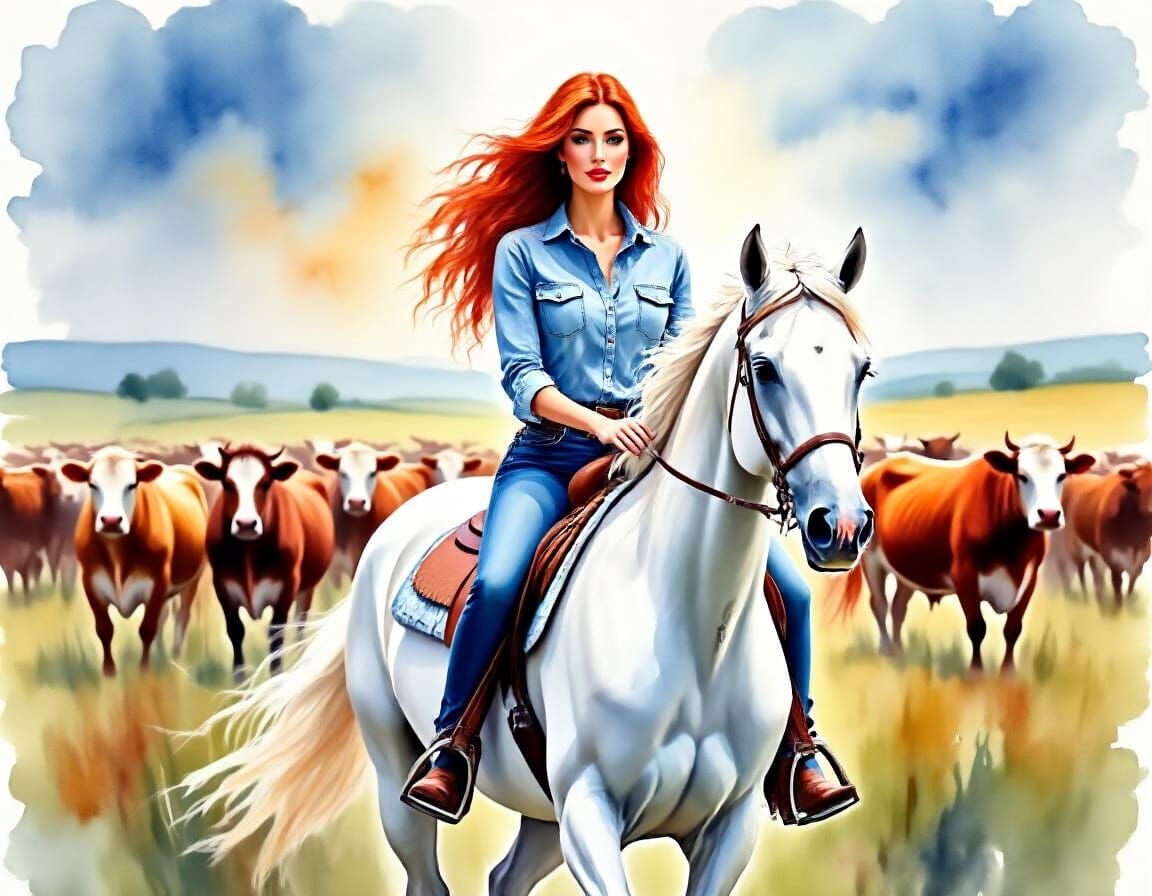 Impressionistic Woman on Horseback Leading Cattle