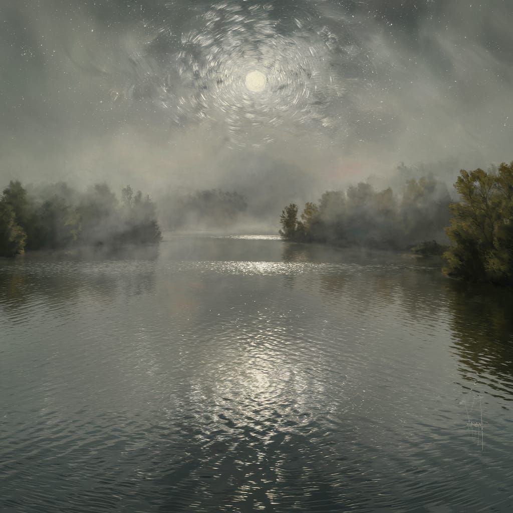 Moonlit Lake Reflecting Starry Sky: Impressionist Style