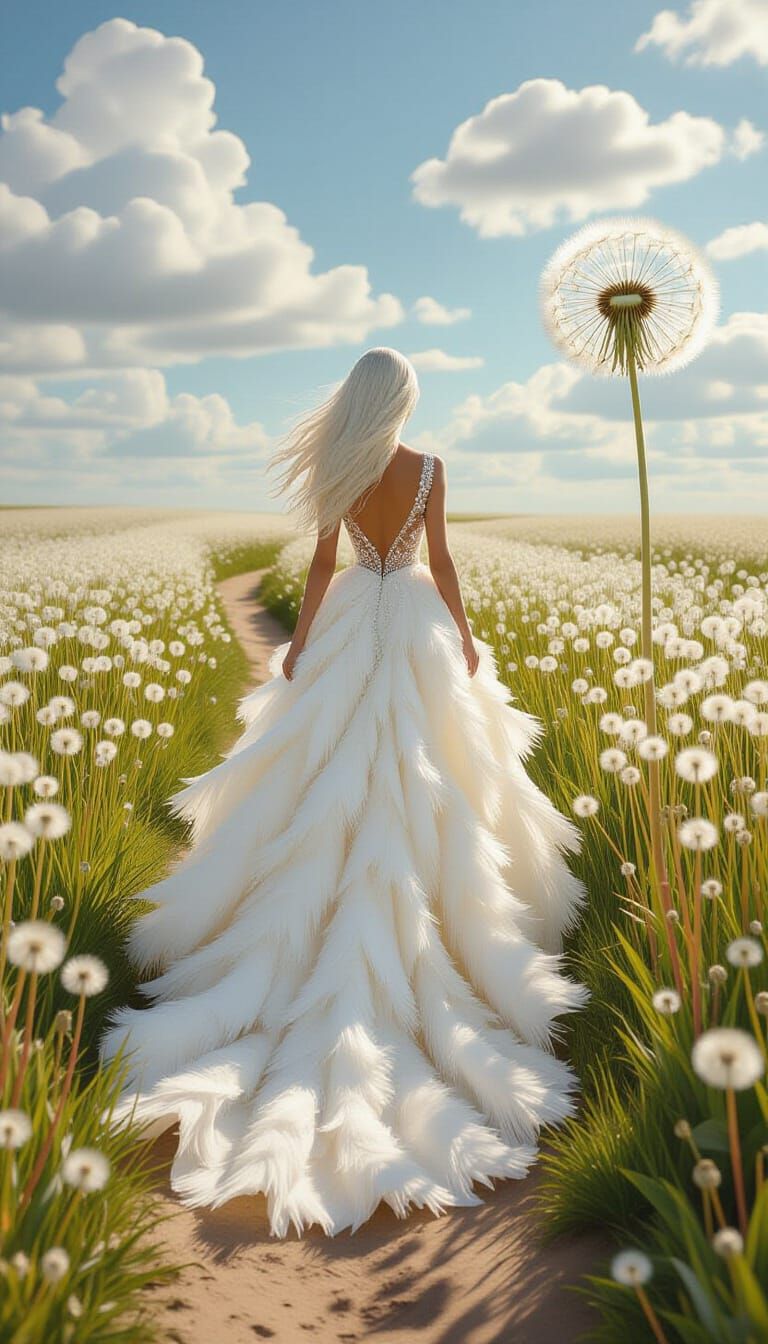 Dreamlike Woman in Dandelion Field, Digital Textile Art