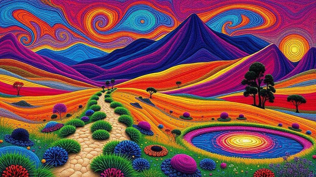 Psychedelic Yarn Tapestry of Mountains and Zen Garden