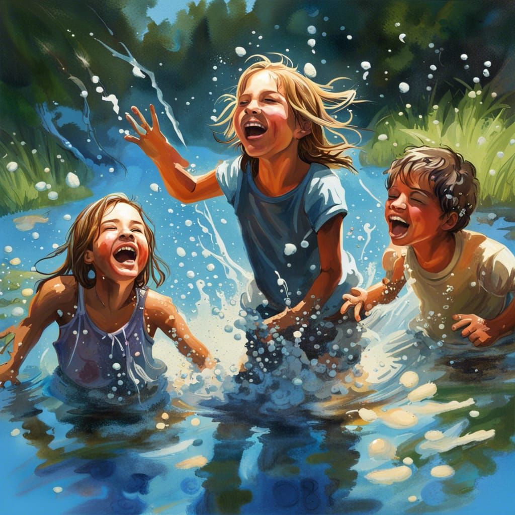 Children's Joyful Pond Play: Hyperrealistic Splash Art