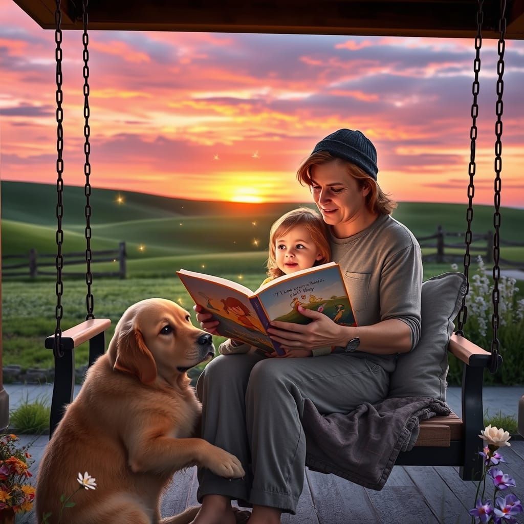 Cozy Sunset Moment: Parent and Child Bond over Storytelling