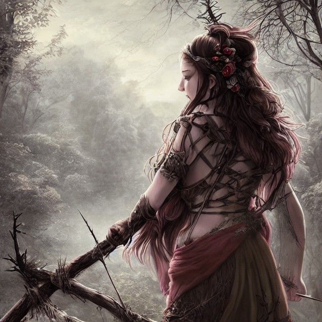 Lonely Forest Scene with Sword and Roses