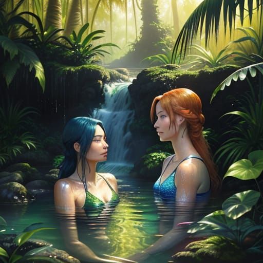 Jungle Waterfall: Two Women in Digital Oil Painting