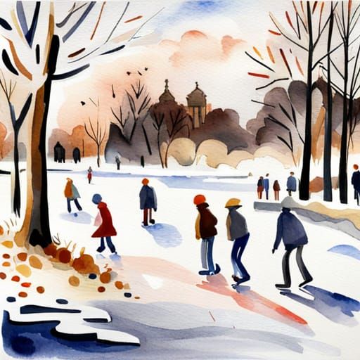 Dutch Winter Scene: People Skating on Frozen Pond