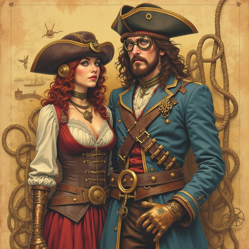 Steampunk Pirates in Intricate Colored Pencil Sketch