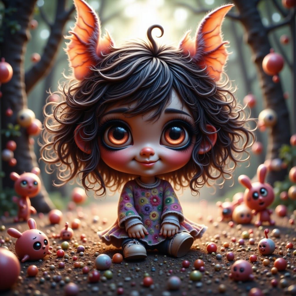 Whimsical Chibi Girl Surrounded by Toys in a Dark Playtime A...