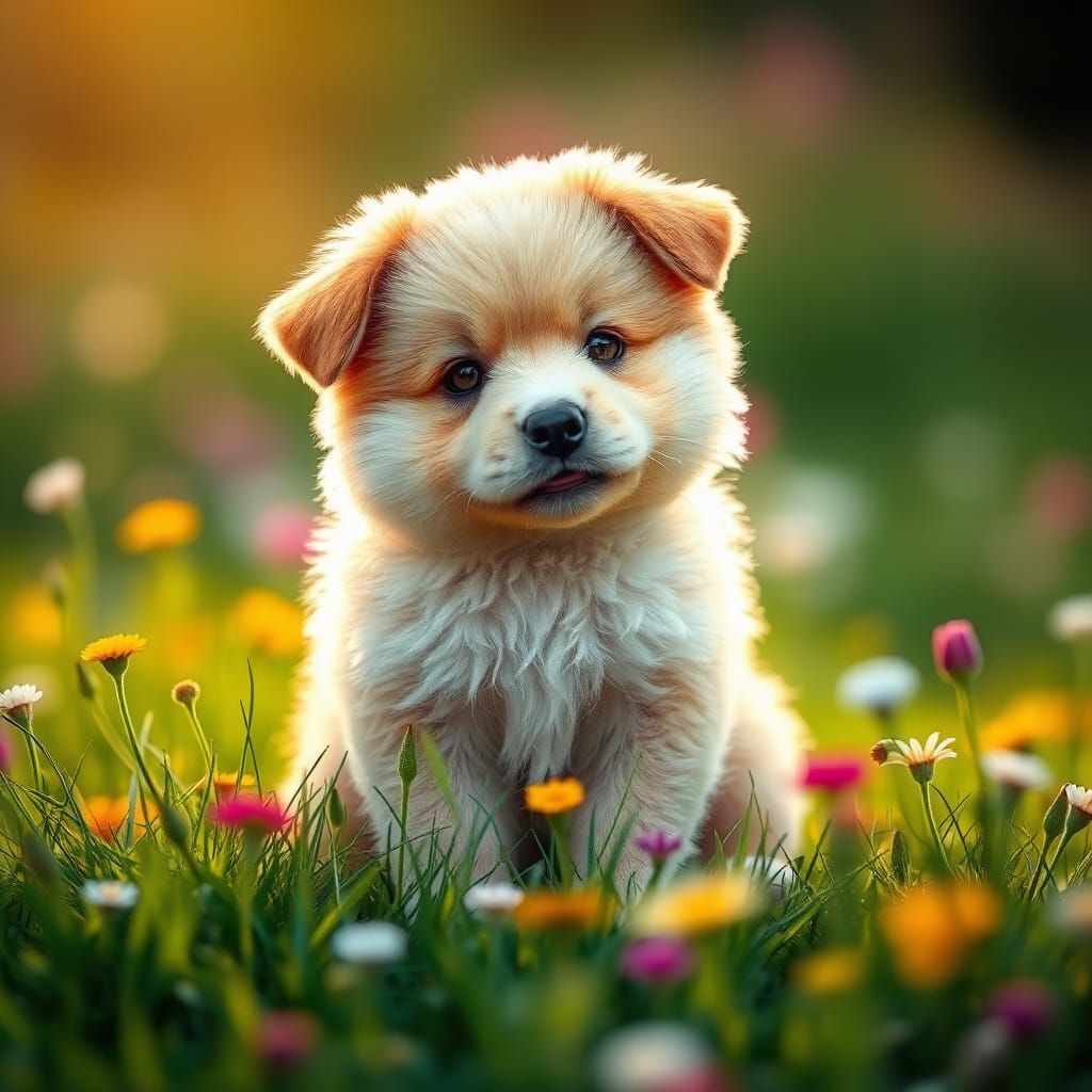 Fluffy 3D Puppy in Meadow with Bokeh