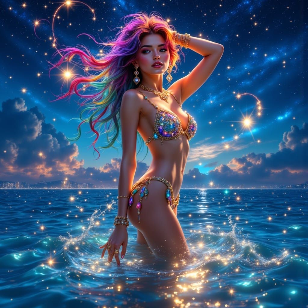 Rainbow Enchantress Posing Under Starry Sky