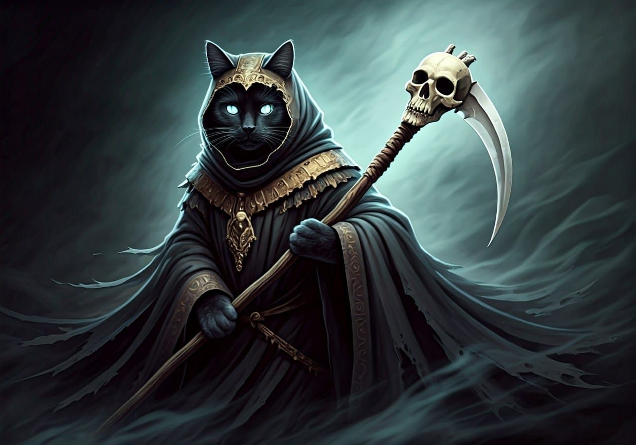 Black Cat Grim Reaper in Dark Fantasy Style