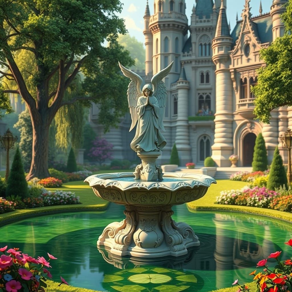 A magnificent ivory fountain with a statue of a protective a...