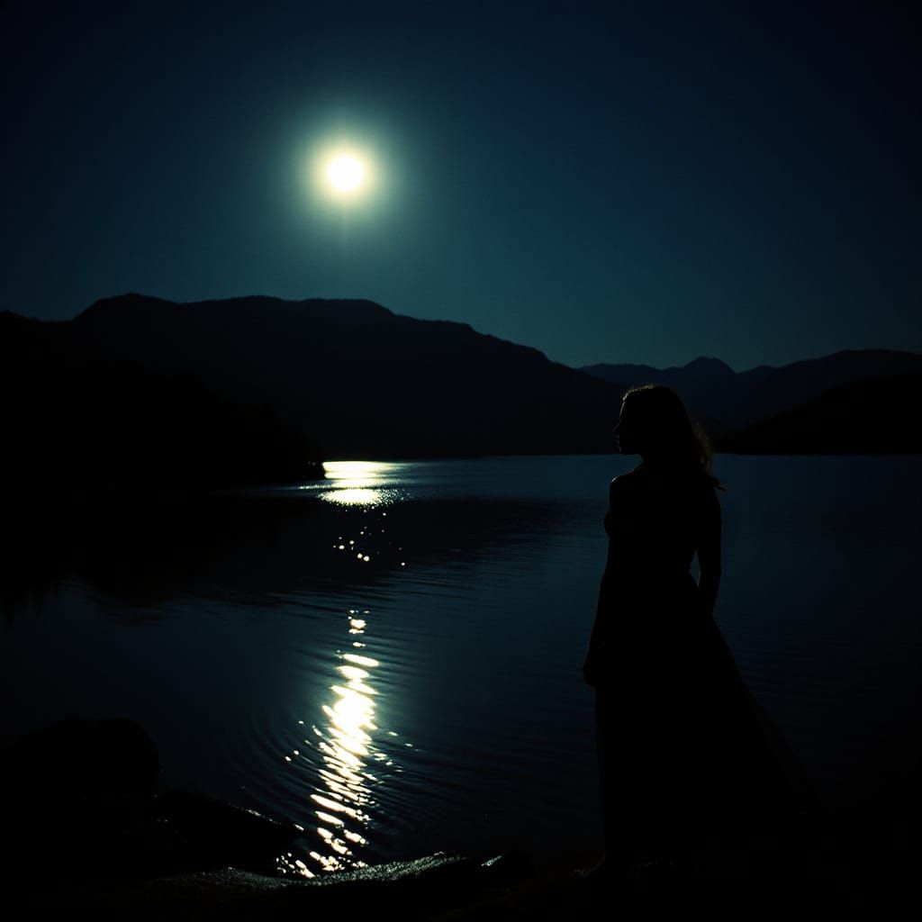 Woman in Vibrant Moonlight by a Serene Lake