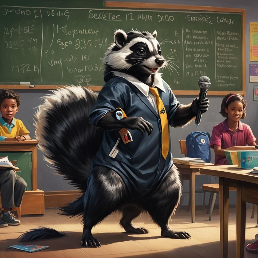 Skunk Competes in Spelling Bee: Hyperrealistic Splash Art