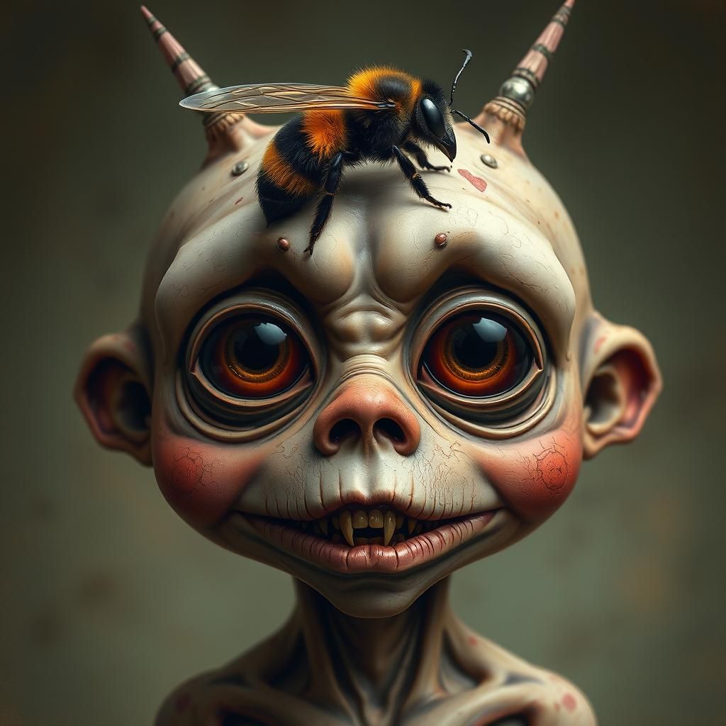 Eerie Creature with Bumblebee, in Surreal Style