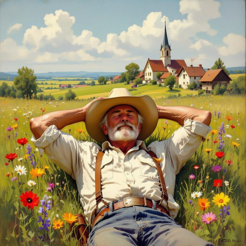Old Man in Wildflower Meadow Oil Painting