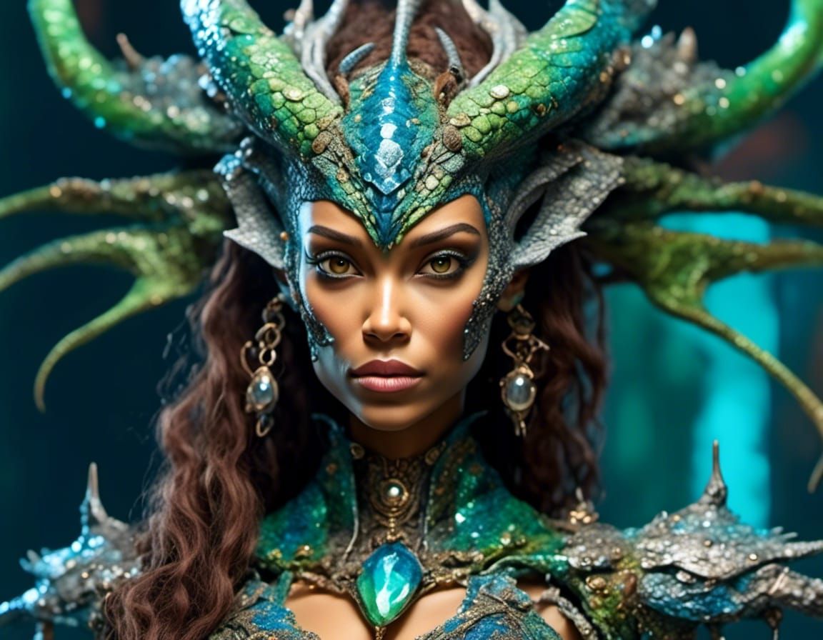 Detailed Reptilian Woman Portrait in Bioluminescent Style