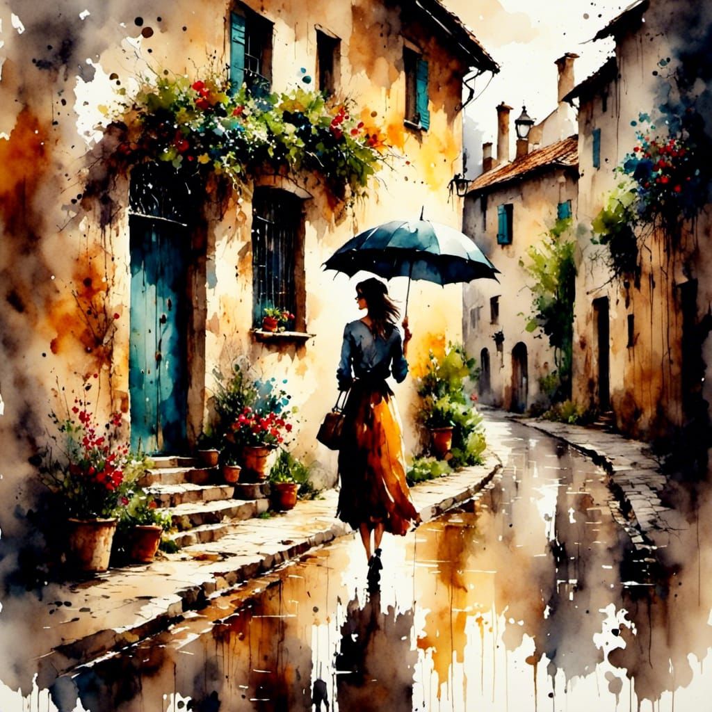 Italian Rainy Day: Antique Watercolor Painting
