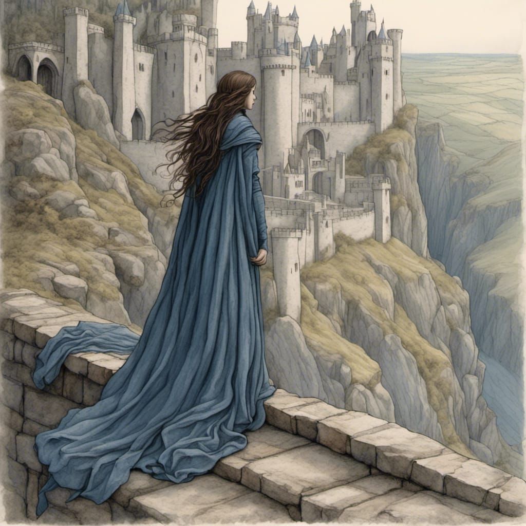 Woman Gazing Over Field in Detailed Charcoal Drawing