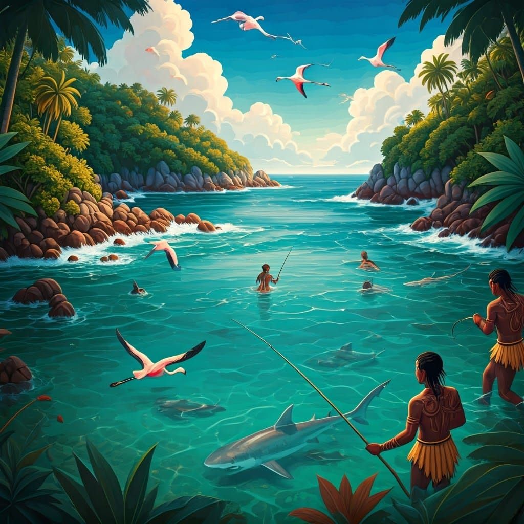 Tropical Island Cove Scene in Vibrant Colors