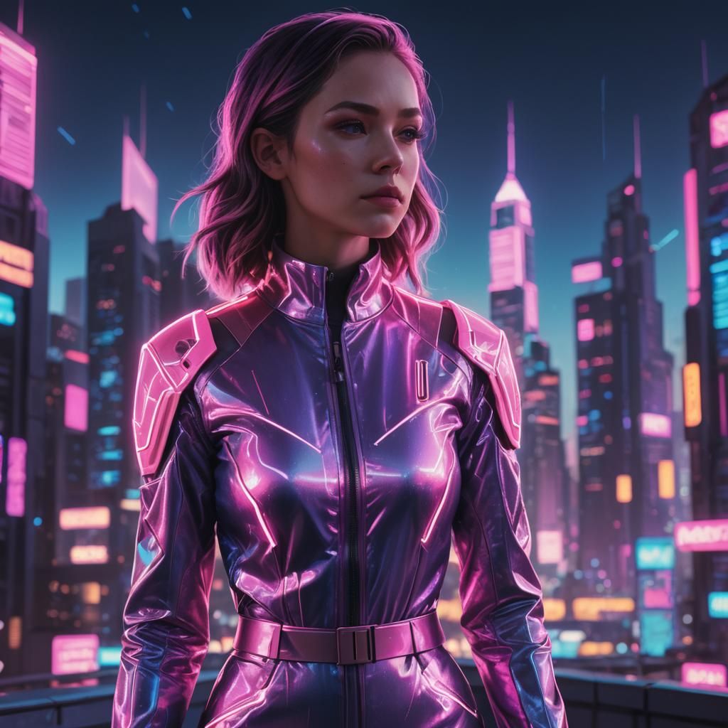 Sci-Fi Female Character in Neon Cityscape