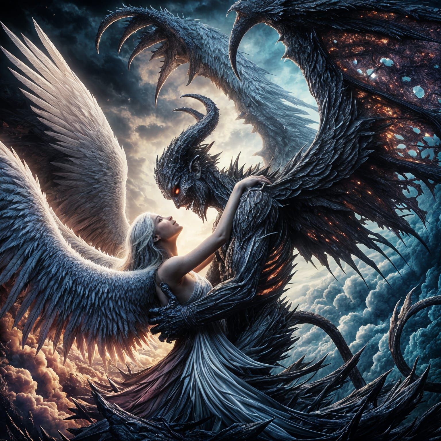 Demon and Angel Embrace in Dark Fantasy Realm
