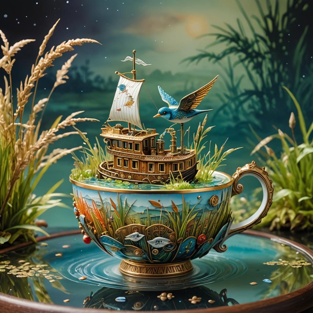 Magical Steampunk Boat in Elegant Porcelain Cup Diorama