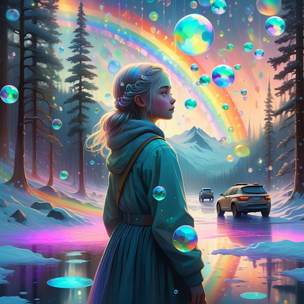 Mystical Forest Girl with Aurora Borealis in Anime Style