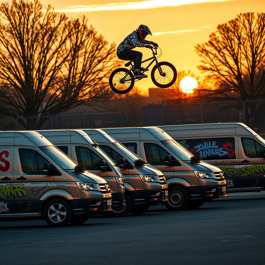 BMX Rider Jumps Vans in Hyperrealistic Sunset