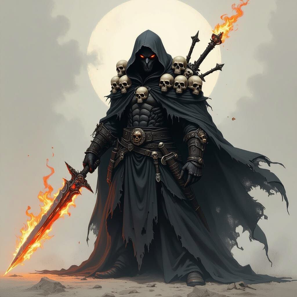 Wolfman Reaper with Flaming Swords in Dark Fantasy Style