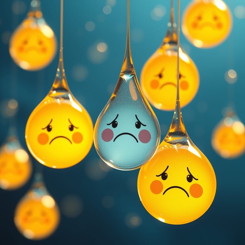 Whimsical Droplets Containing Hand-Painted Sad Emoticons in ...