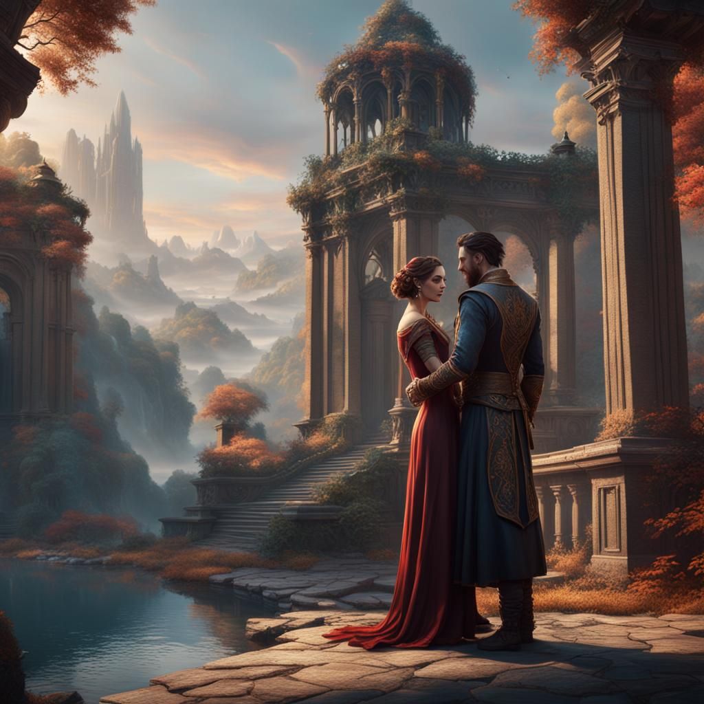 Lovers' Gaze: A Detailed Fantasy Painting