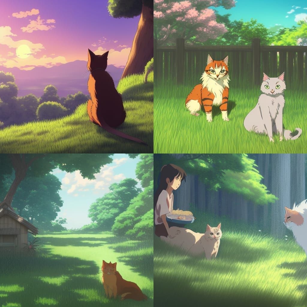 Cat and Dog in Yard, Studio Ghibli Style