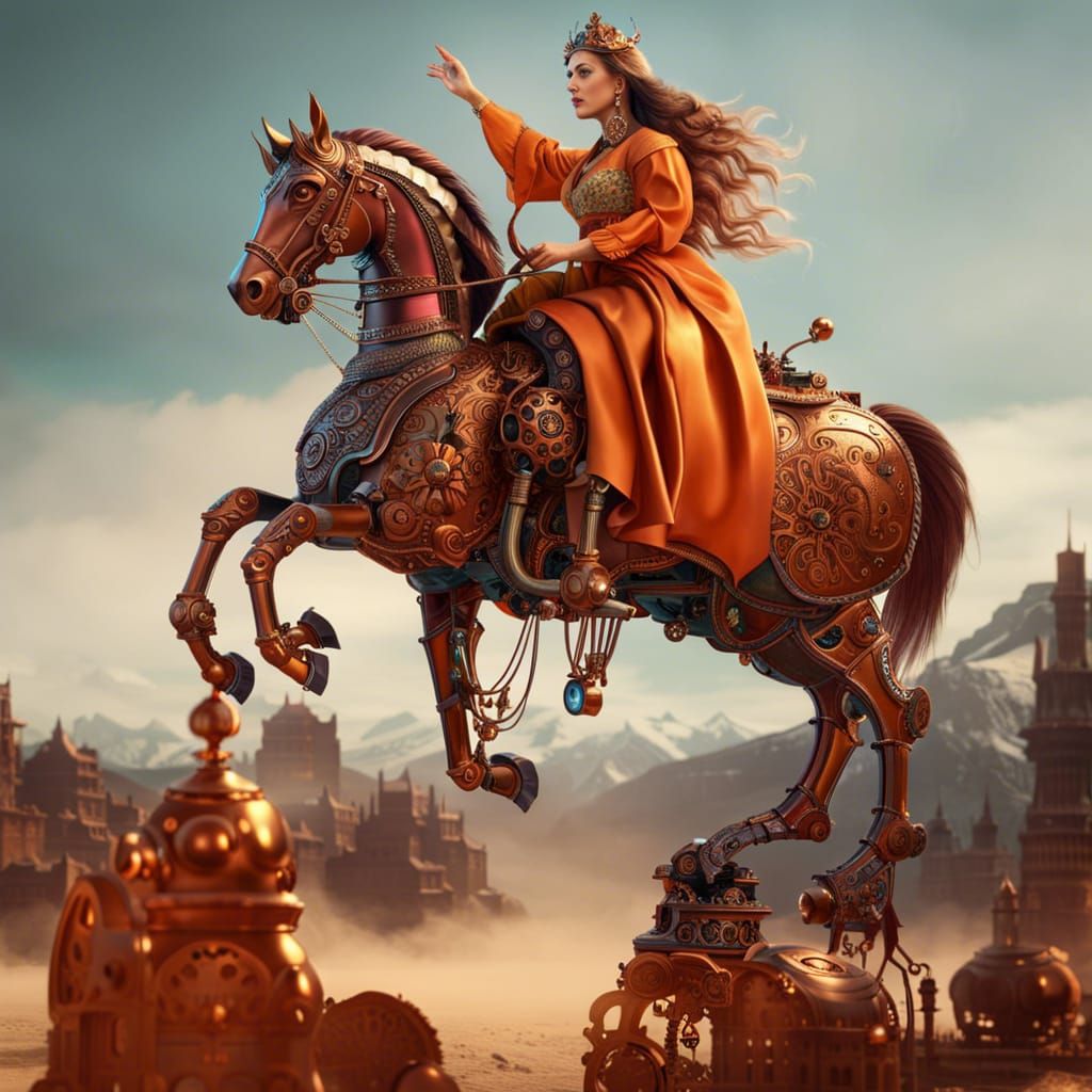 Woman on Copper Robotic Horse, Elaborate Design