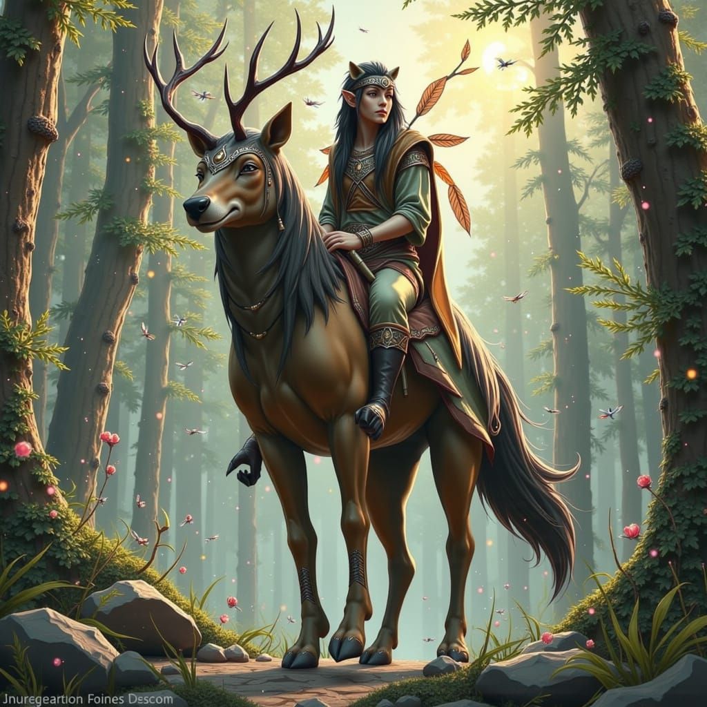 Fierce Wolfrider Elf Rides Majestic Wolf Mount in Lush Fores...