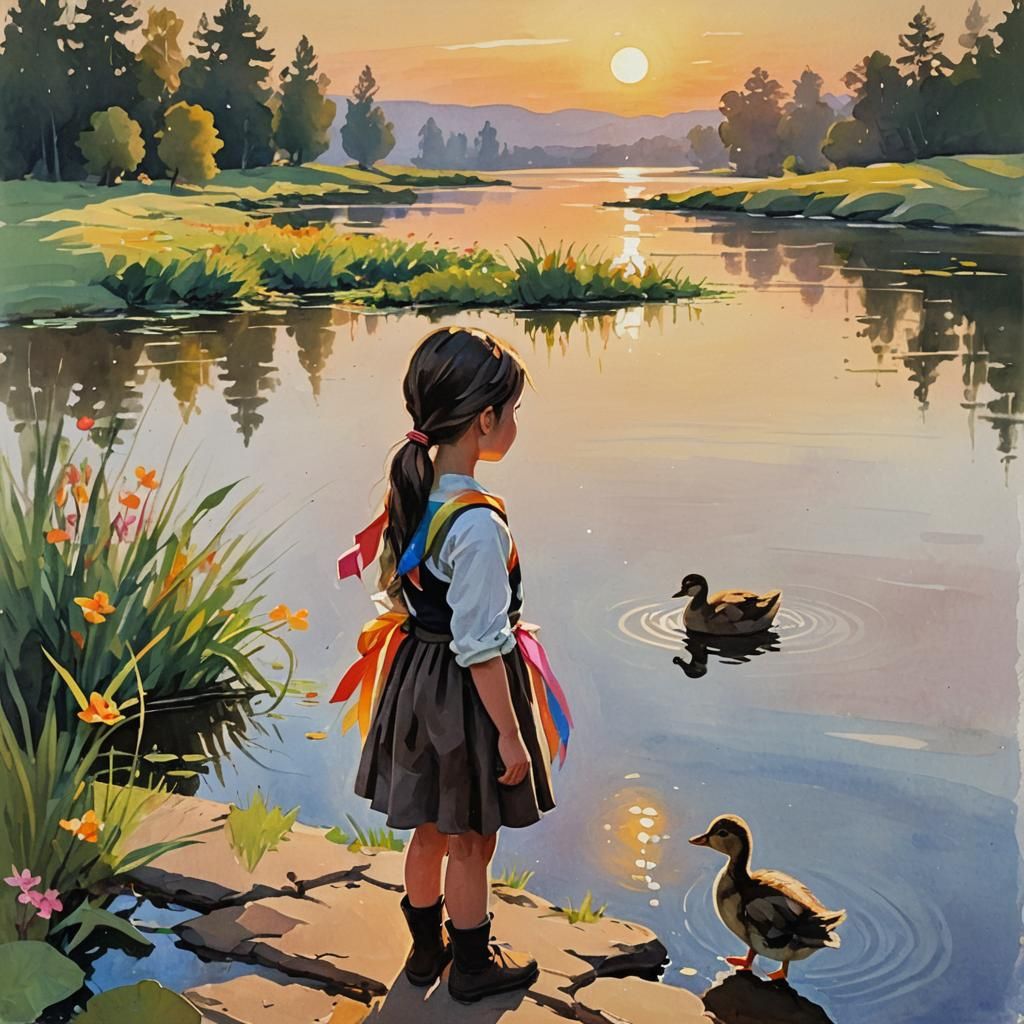 Impressionist Painting of Girl Gazing at Lake at Sunset
