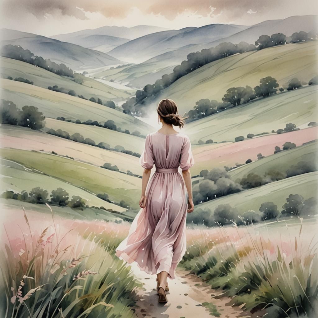Woman in Pink Dress: Impressionist Watercolor Landscape