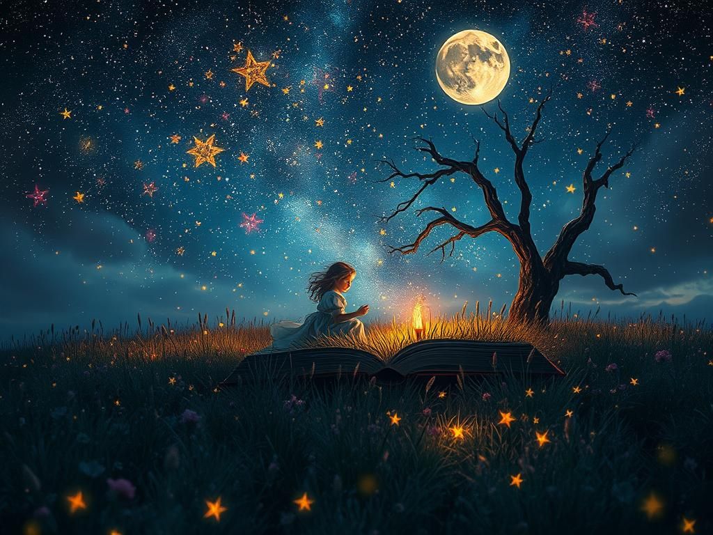 Magical Children's Storybook Scene with Starry Night