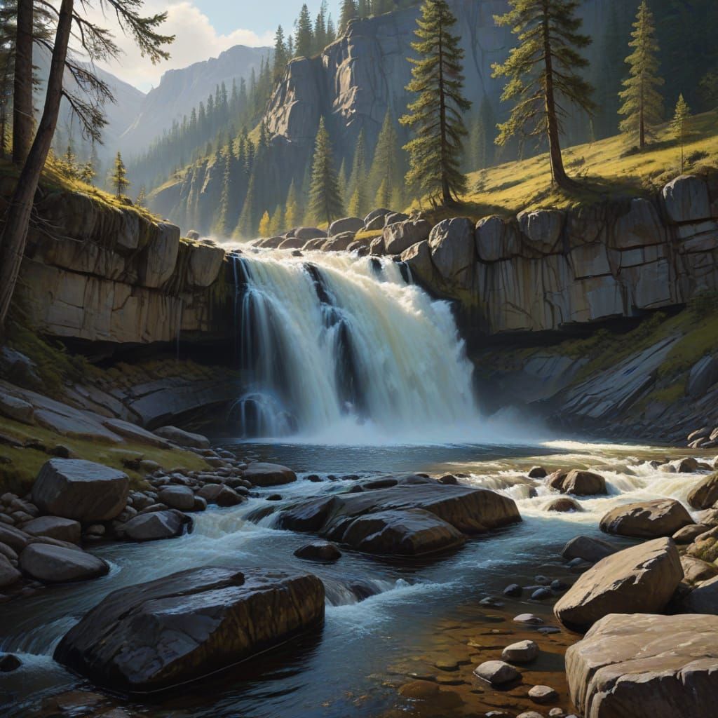 Rearguard Falls Waterfall in BC, Canada, Oil Painting