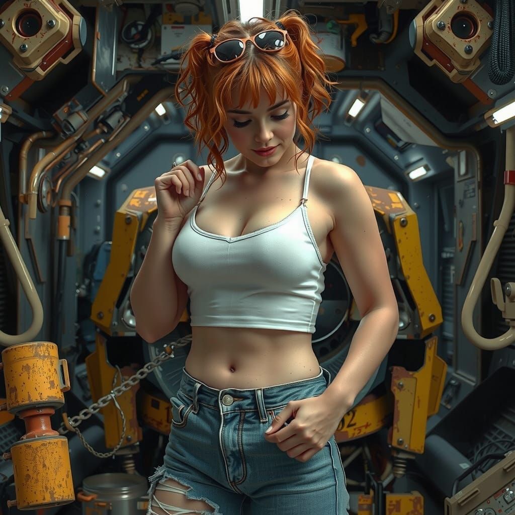 Redhead Mechanic in Space Station Repairing Robot