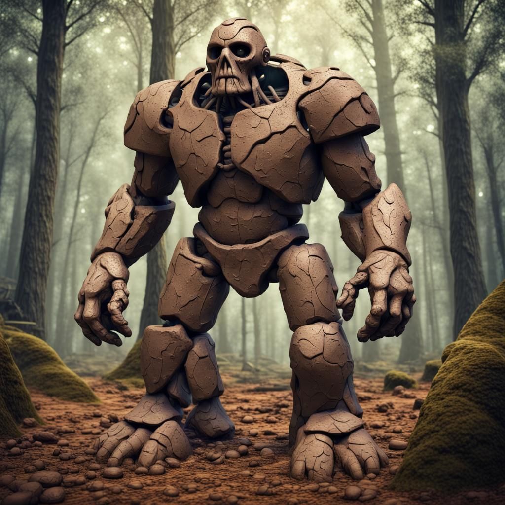 Sinister Clay Golem in Magical Forest: Digital Art