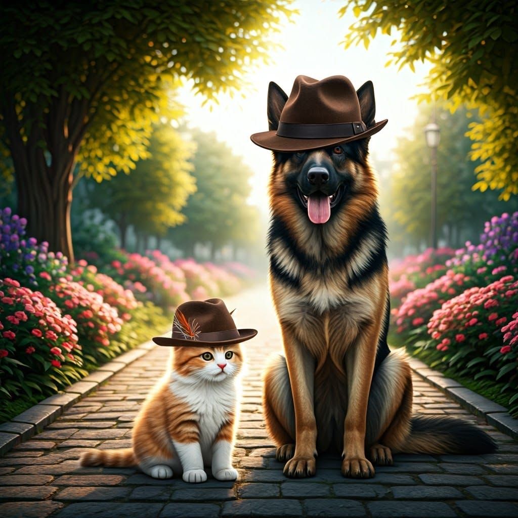 Kitten and German Shepherd in Fedoras: Whimsical Park Scene