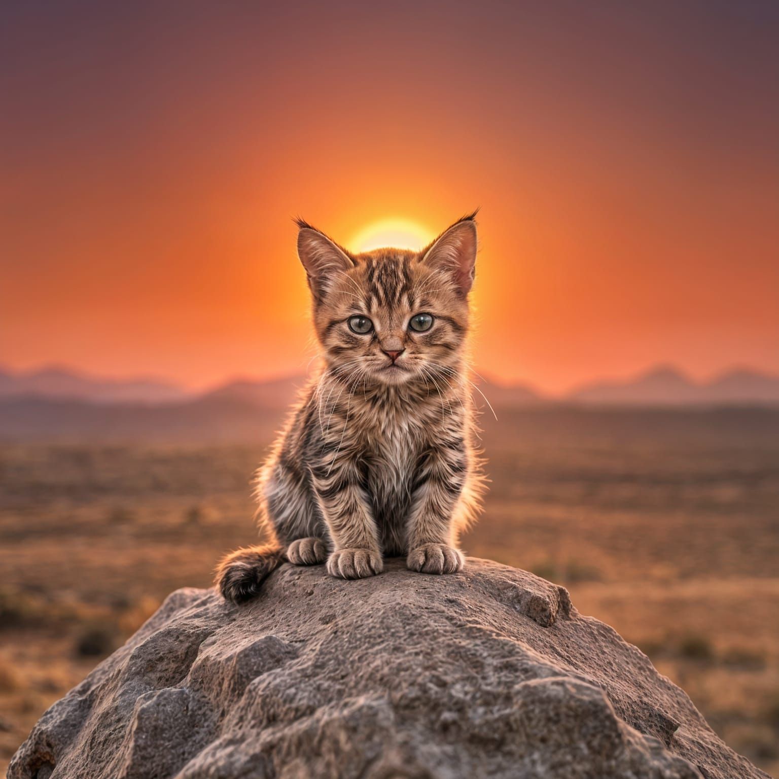 A Grumpy Kitten sitting on a rock, stunning desert sunset. Endless landscape view. The cat is pretending to be Simba