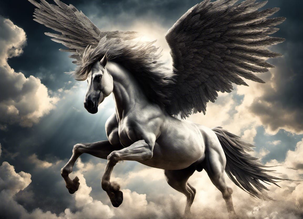 Majestic Pegasus Emerges from Thunderclouds in Fantasy Style
