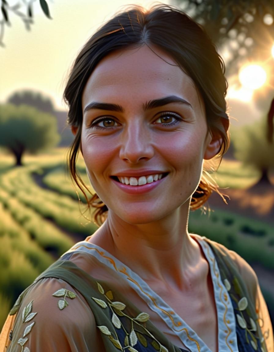 Renaissance Woman in Olive Grove, Chiaroscuro Oil Painting