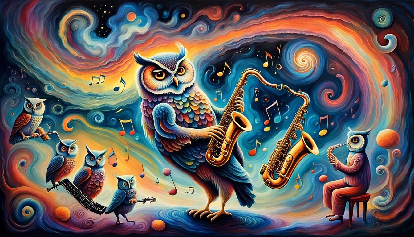 Cosmic Surrealist Animals Playing Jazz in Nebula