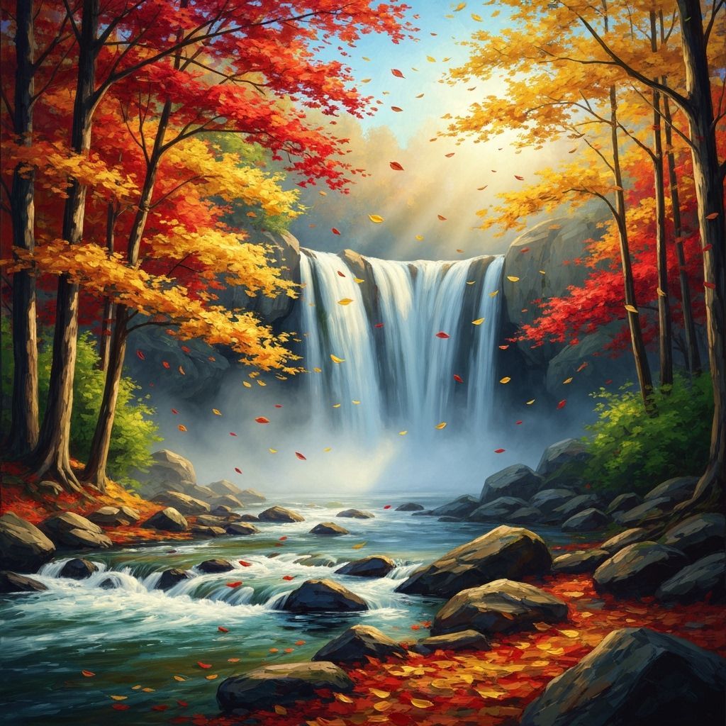 Autumn Waterfall Serenity in Post-Impressionist Style