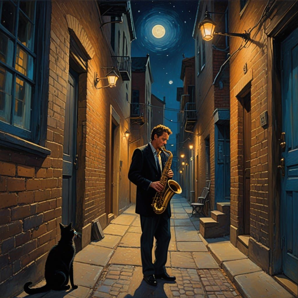 Nighttime Saxophone Player in Oil Painting Style